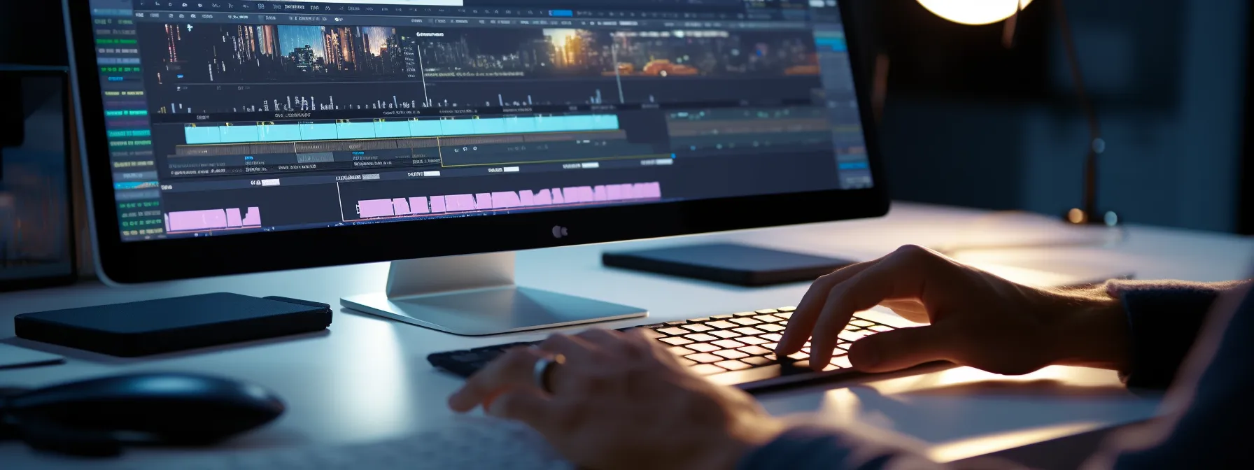 a person typing on a keyboard with a screen displaying google analytics data.