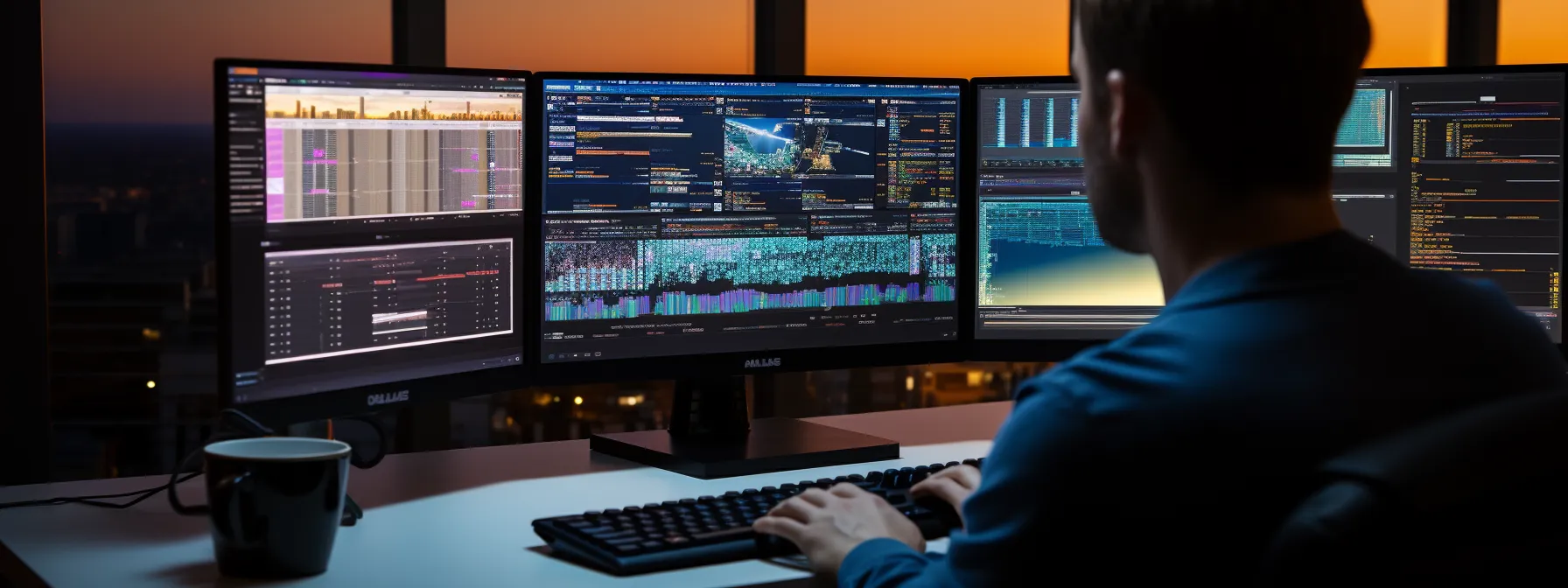 a person sitting at a desk, focused on a computer screen with seo tools and keywords displayed.