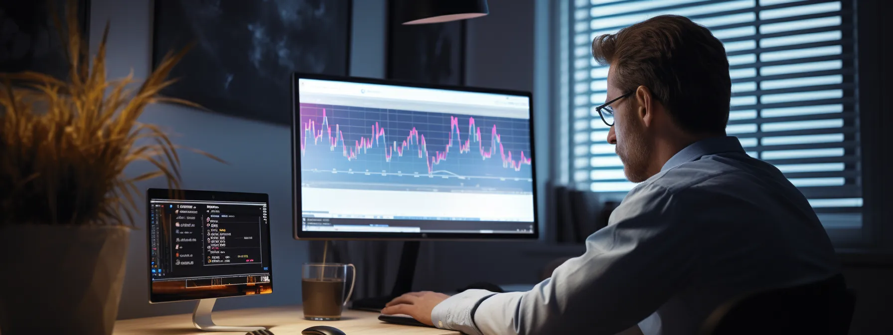 a person looking at a computer screen with various website analytics charts and graphs.