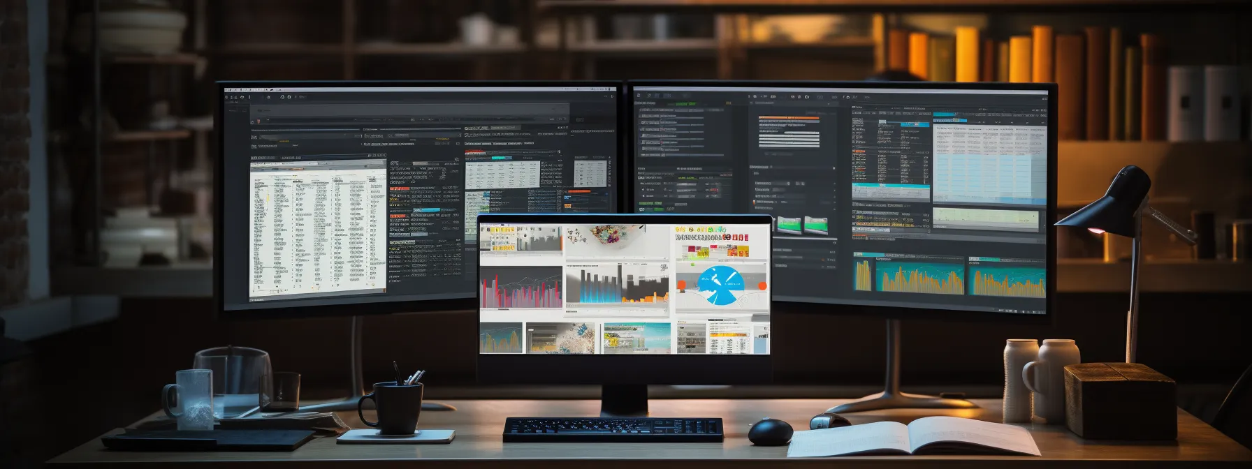 a person sitting at a desk, surrounded by books and computer screens, while looking at a website's search engine visibility analytics.