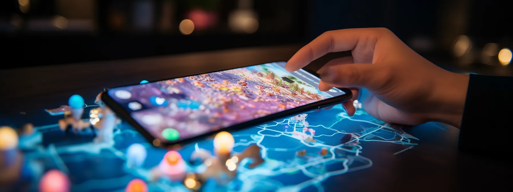 a person scrolling through a map on a smartphone with various social media icons representing geo-targeted campaigns.