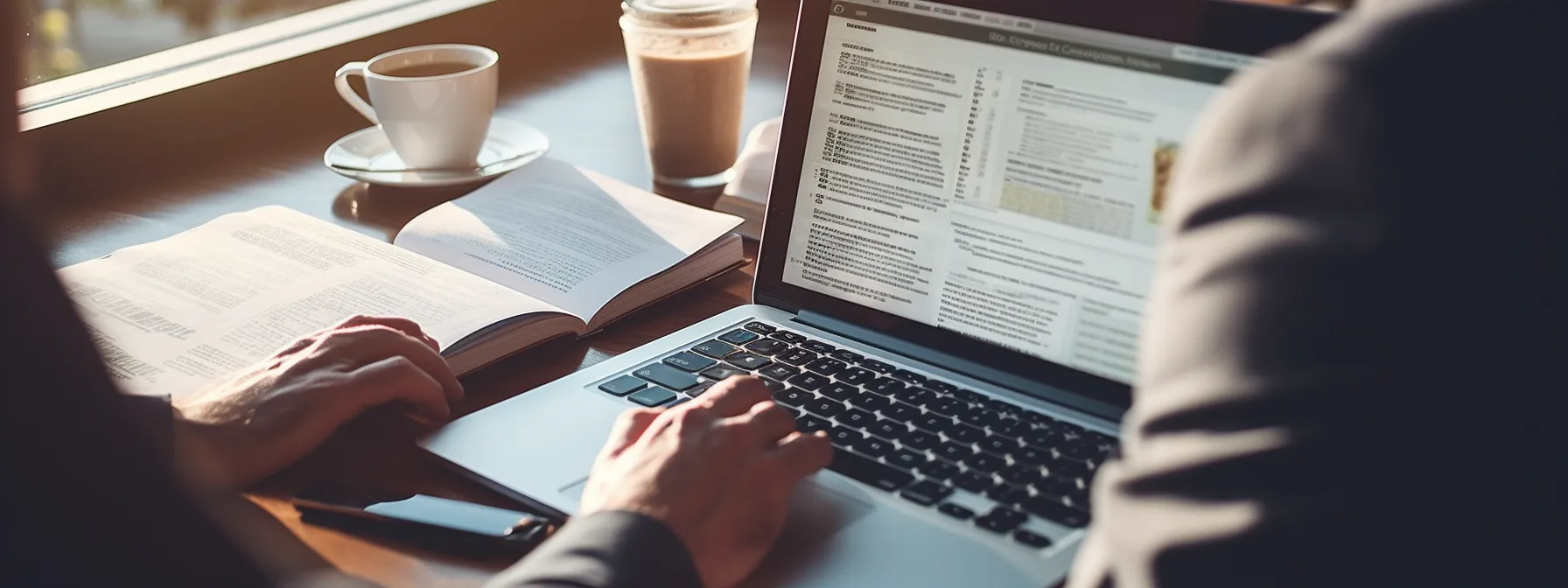 a person reading seotheory's comprehensive classes on a laptop, surrounded by seo-related books and notes.