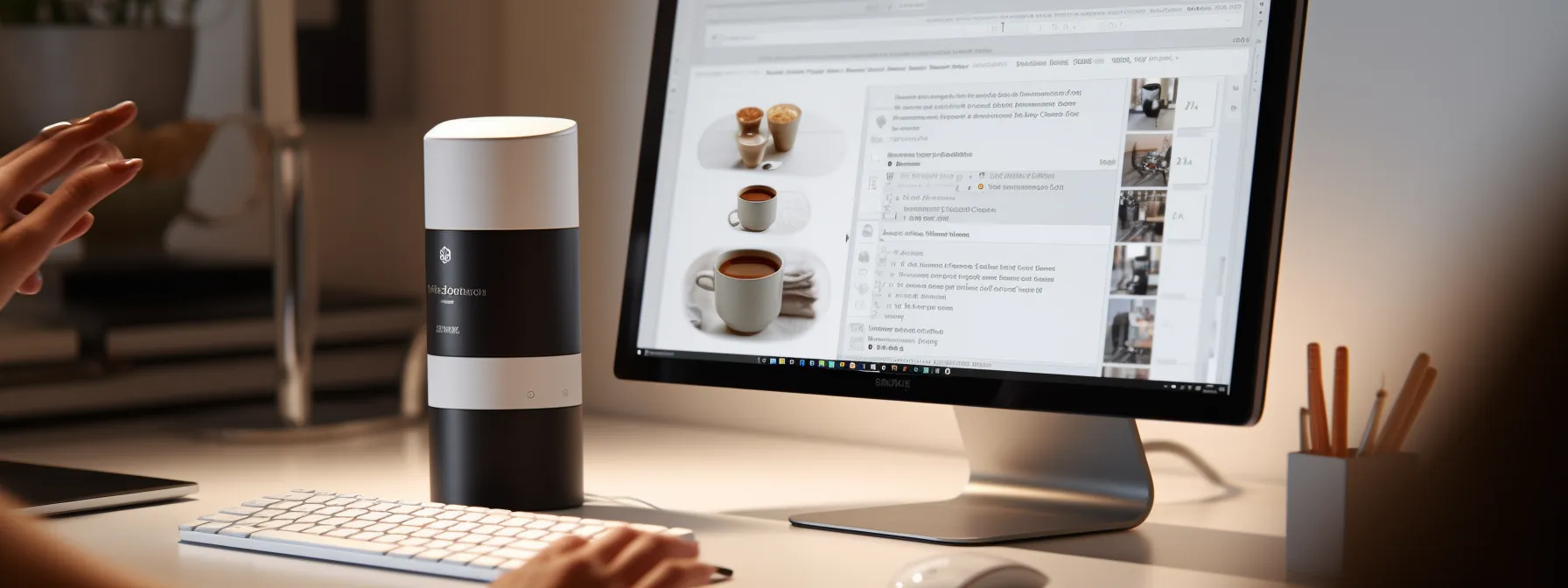 a person optimizing a product page on a computer screen, focusing on keywords, product descriptions, alt text, and page structure.