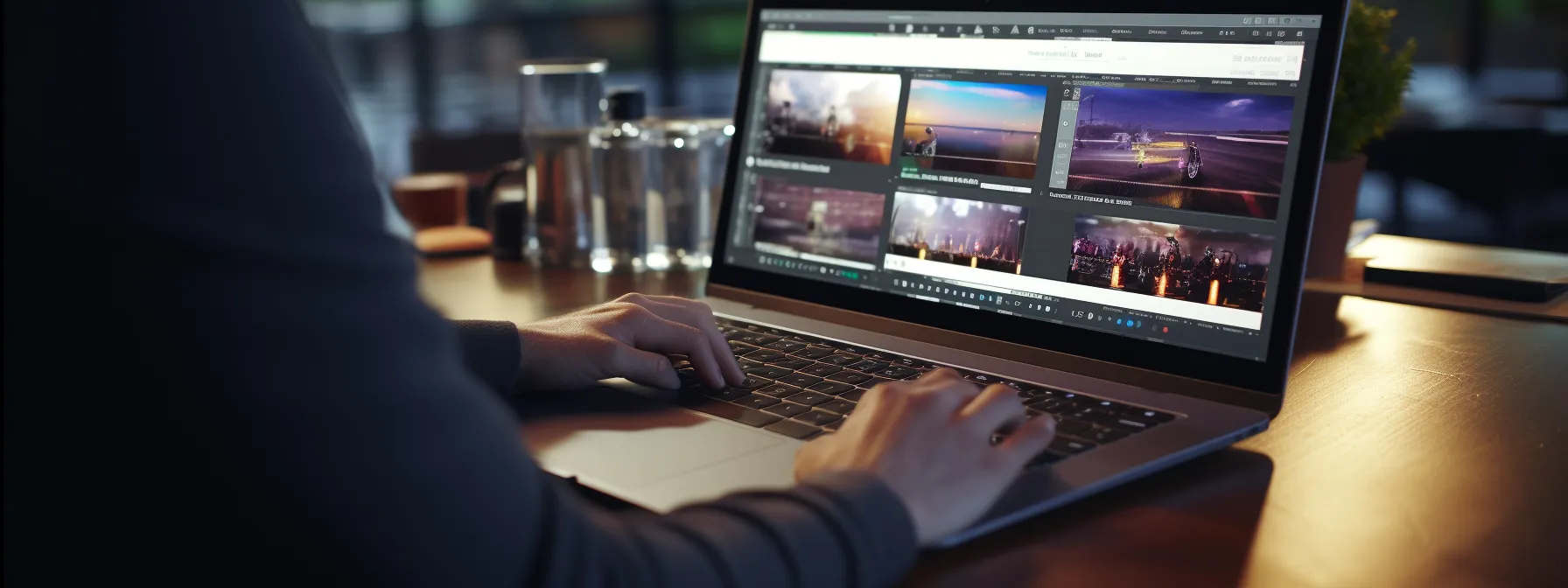a person working on a laptop with a screen split between seo tactics and social media plans.