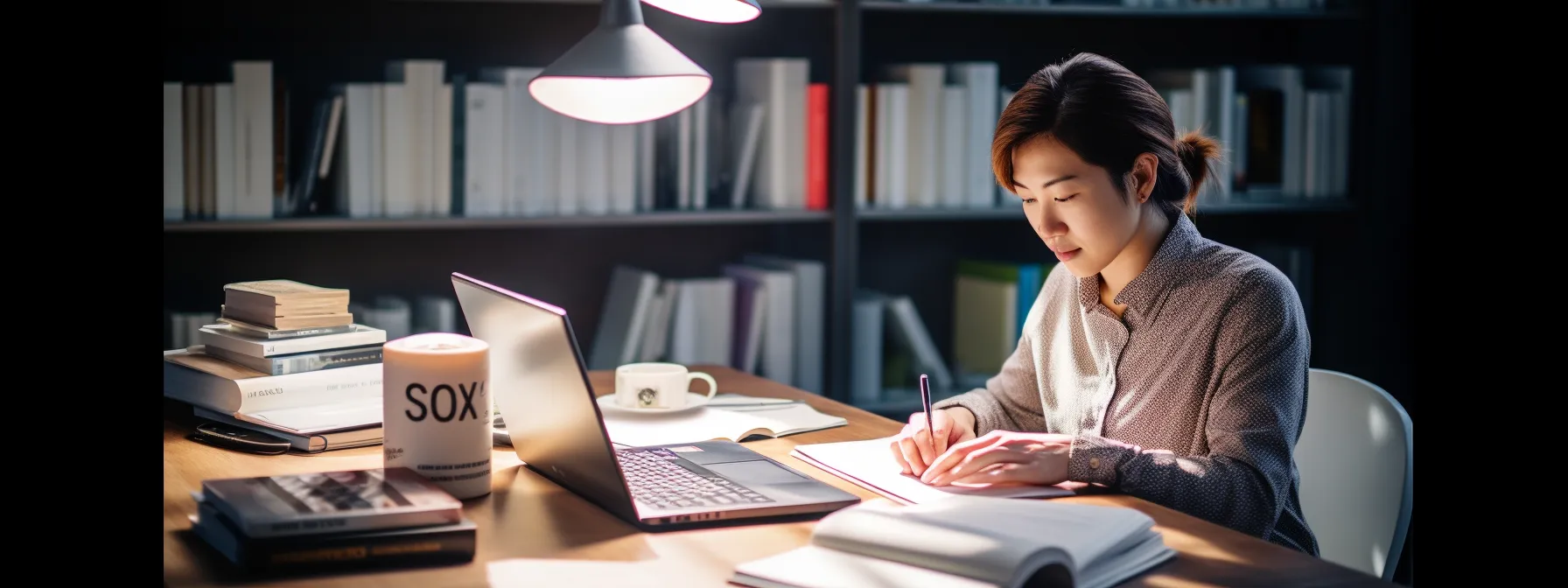 a person sitting at a desk with a computer and various seo books and resources spread out, absorbing and learning about seo.