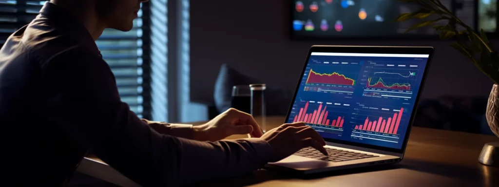 a person using a laptop with multiple open tabs, charts, and graphs related to seo specialist training mastery.