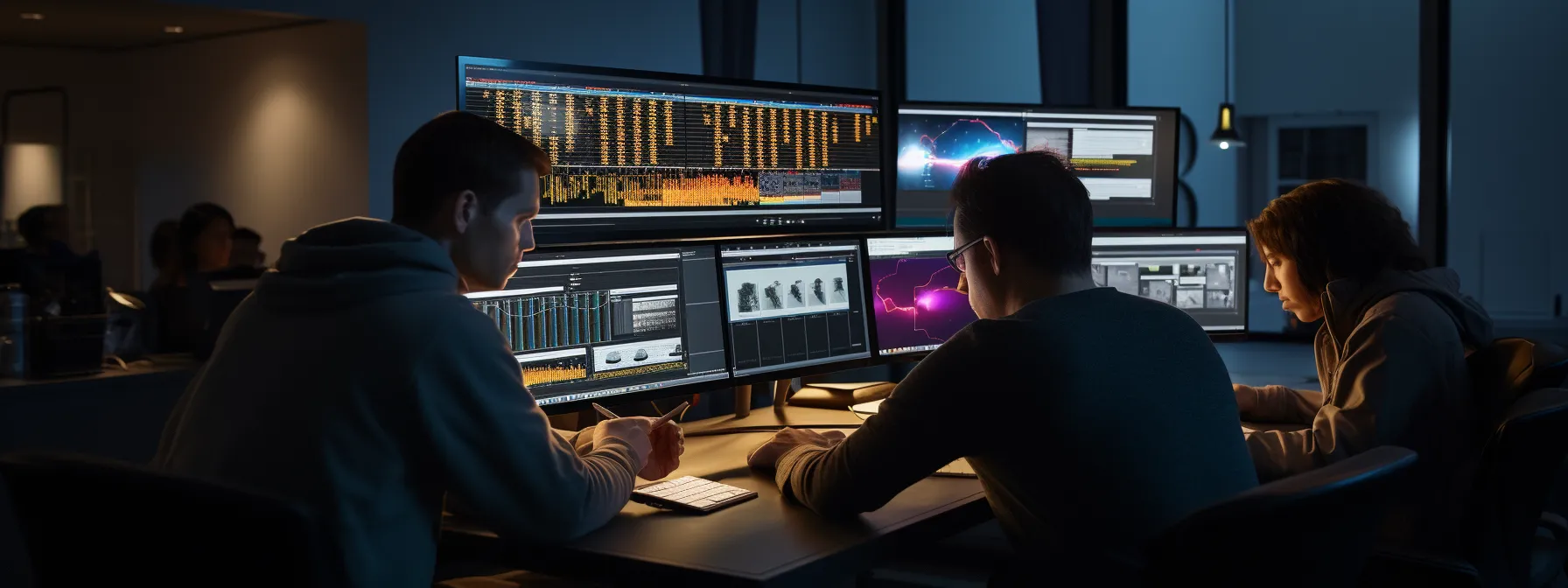 a group of individuals analyzing keyword data on a computer screen.