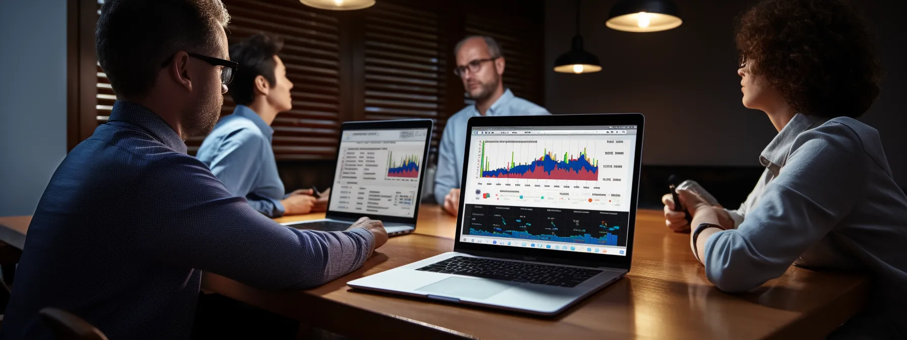 a group of marketers analyzing keyword trends and optimizing content using advanced tools in seotheory training.