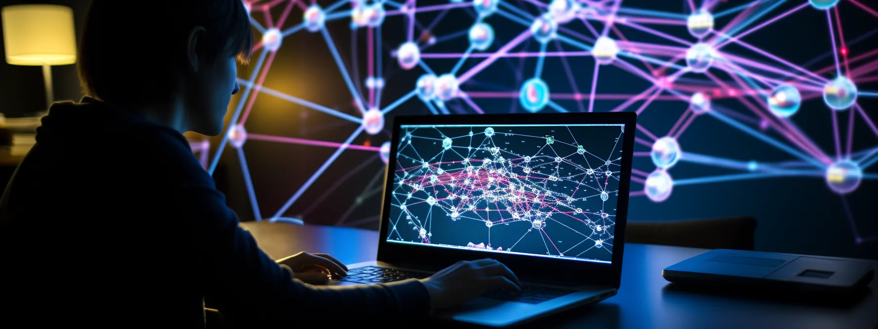 a person analyzing a network of web links on a computer screen.
