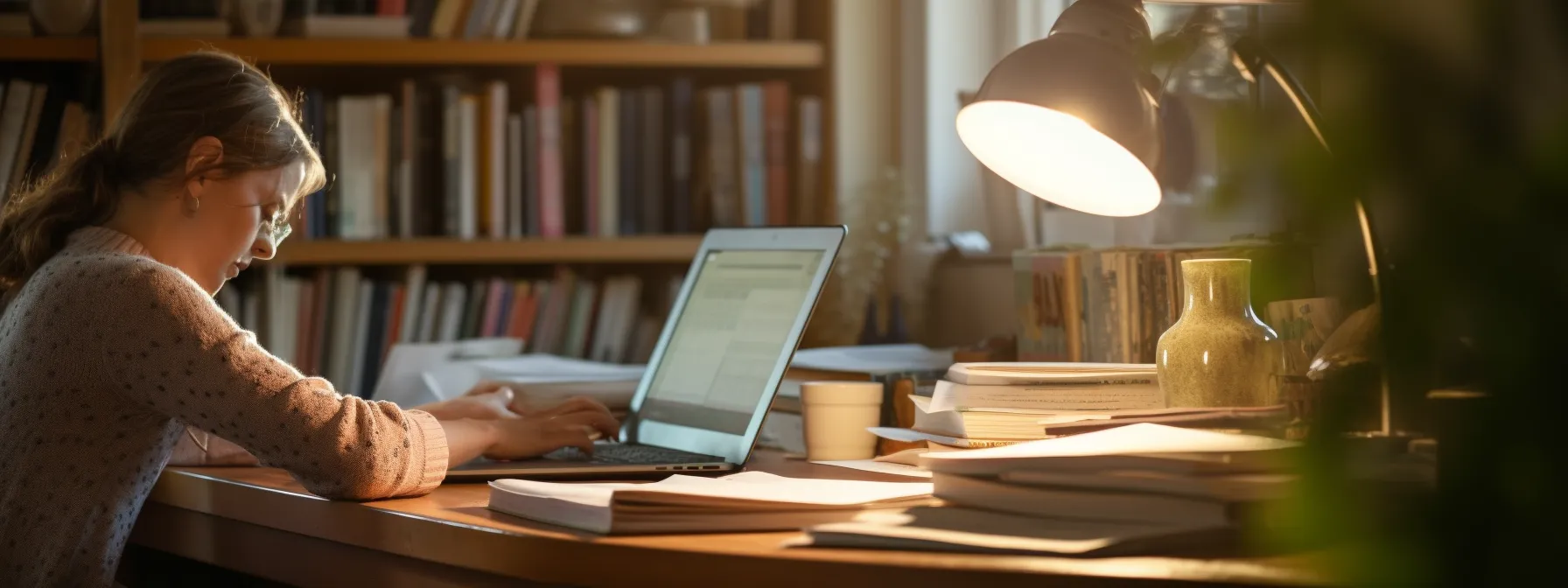a person sitting at a desk, typing on a computer while surrounded by books and notes on seo content optimization.