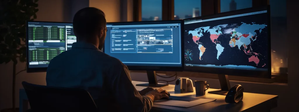 a person sitting at a desk, looking at a computer screen with multiple open tabs focused on social media optimization strategies.