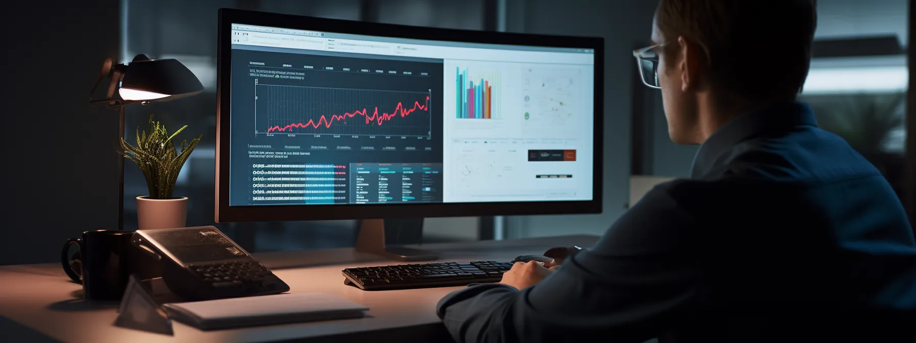 a person analyzing keywords and link potential on a computer screen in an office setting.