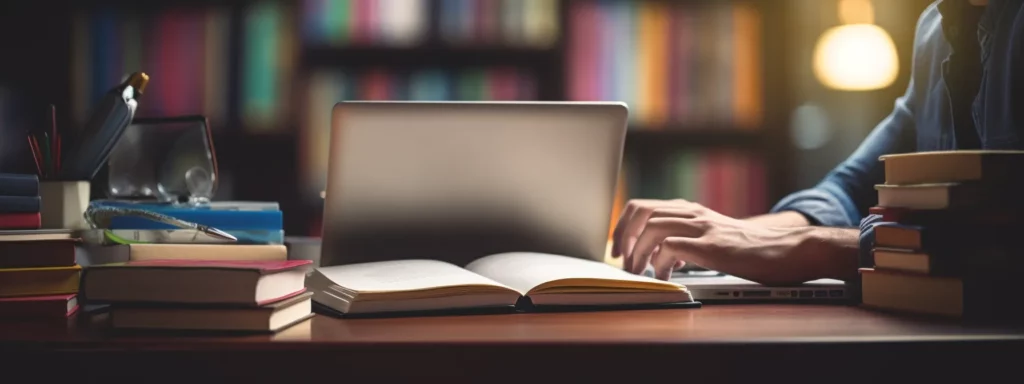 a person sitting at a desk with a laptop, surrounded by books and notes on seo website development.