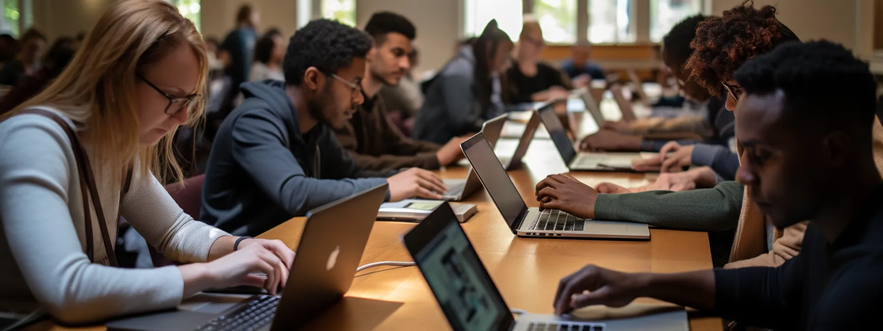 a group of students sitting in a classroom, working on their laptops and participating in an online seo training course offered by seotheory.