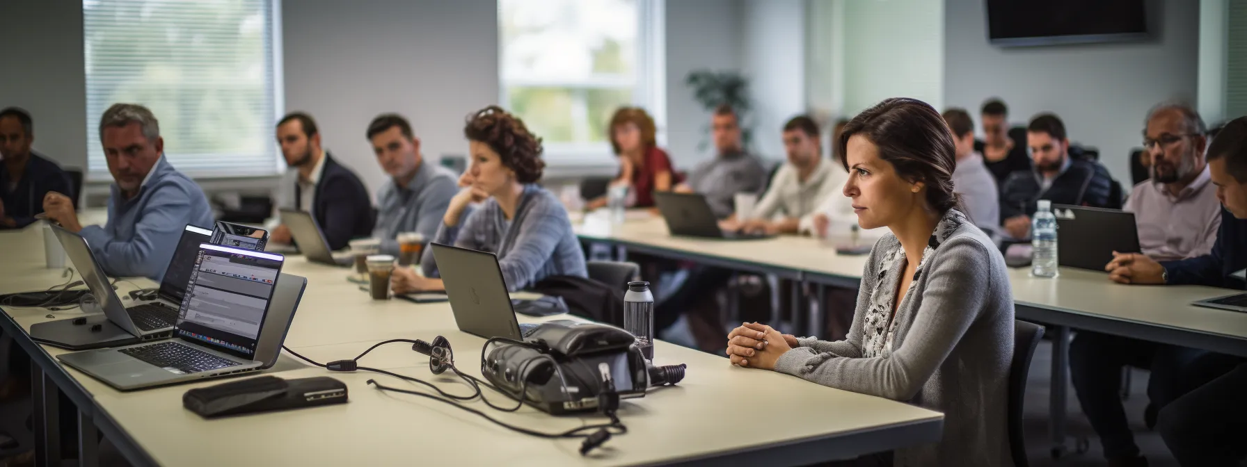 a group of people sitting in a classroom, attentively listening to a seo instructor.