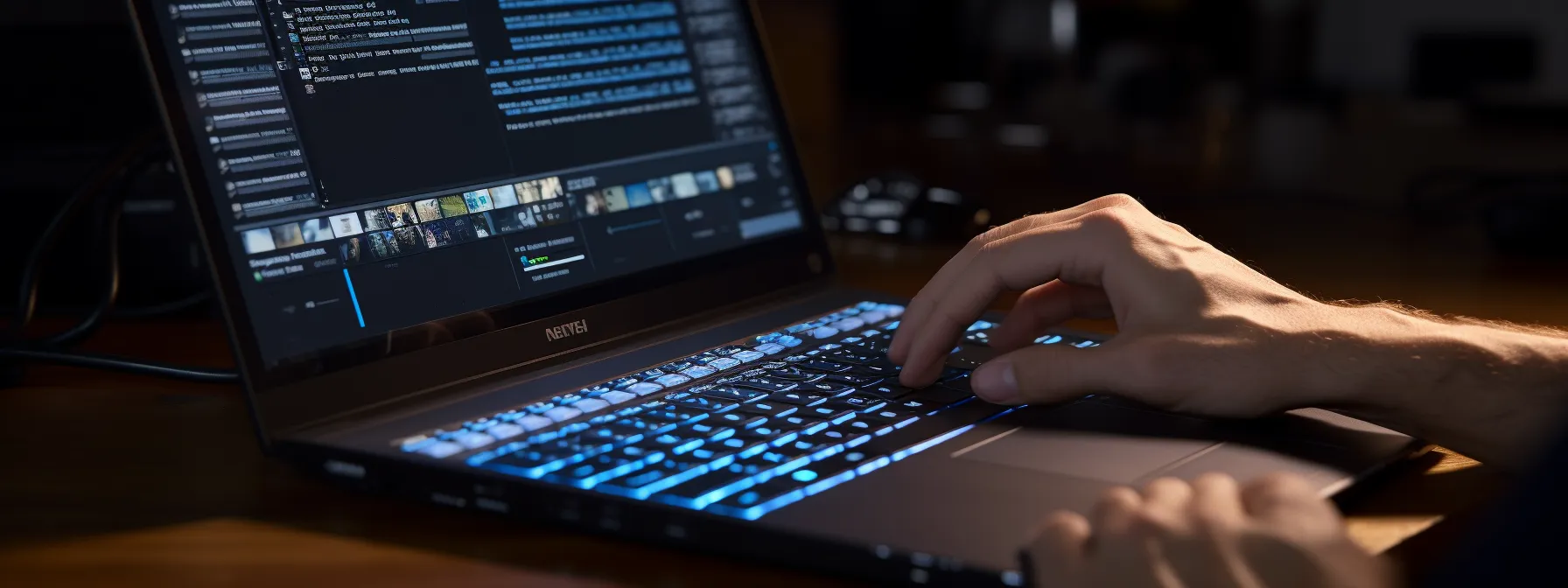 a person typing on a laptop keyboard with the words