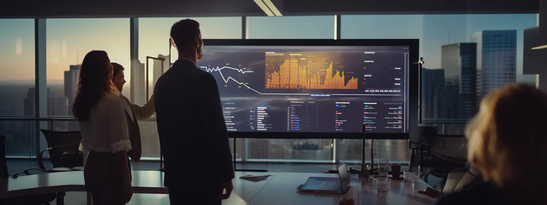 a group of professionals analyzing data on a big screen in a modern office space.