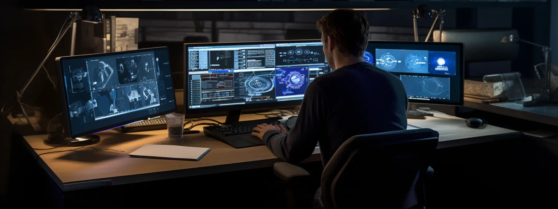 a person sitting at a desk, surrounded by computer screens and notebooks, working on crafting a winning keyword strategy for seo.