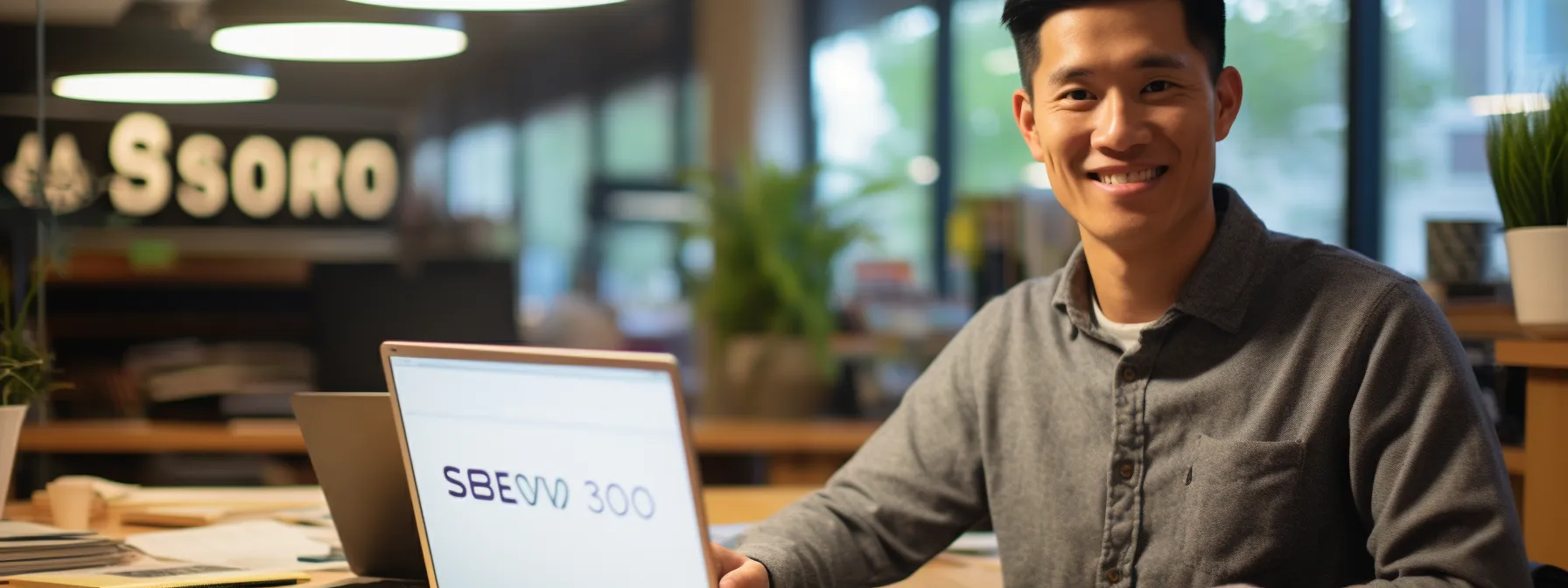 a learner proudly showcases their seo certification while working on their computer, surrounded by marketing and seo tools.