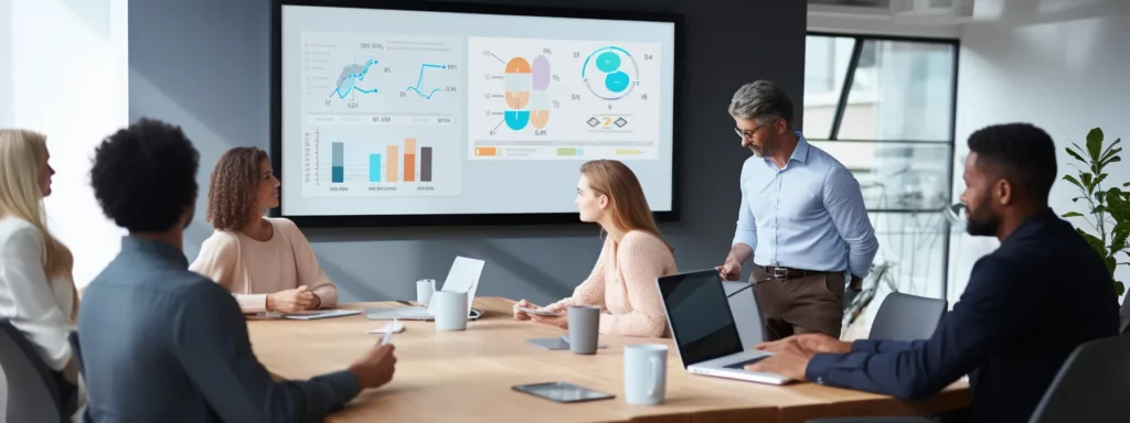 a group of people eagerly studying a presentation slide titled "top seo strategies for 2023" displayed on a large screen.