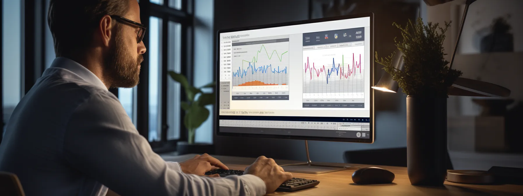 a digital marketer reviewing analytics data on a computer screen.