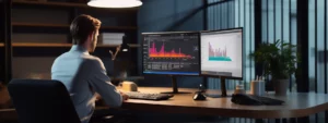 a person sitting at a computer, analyzing data on a screen with google analytics academy website open.