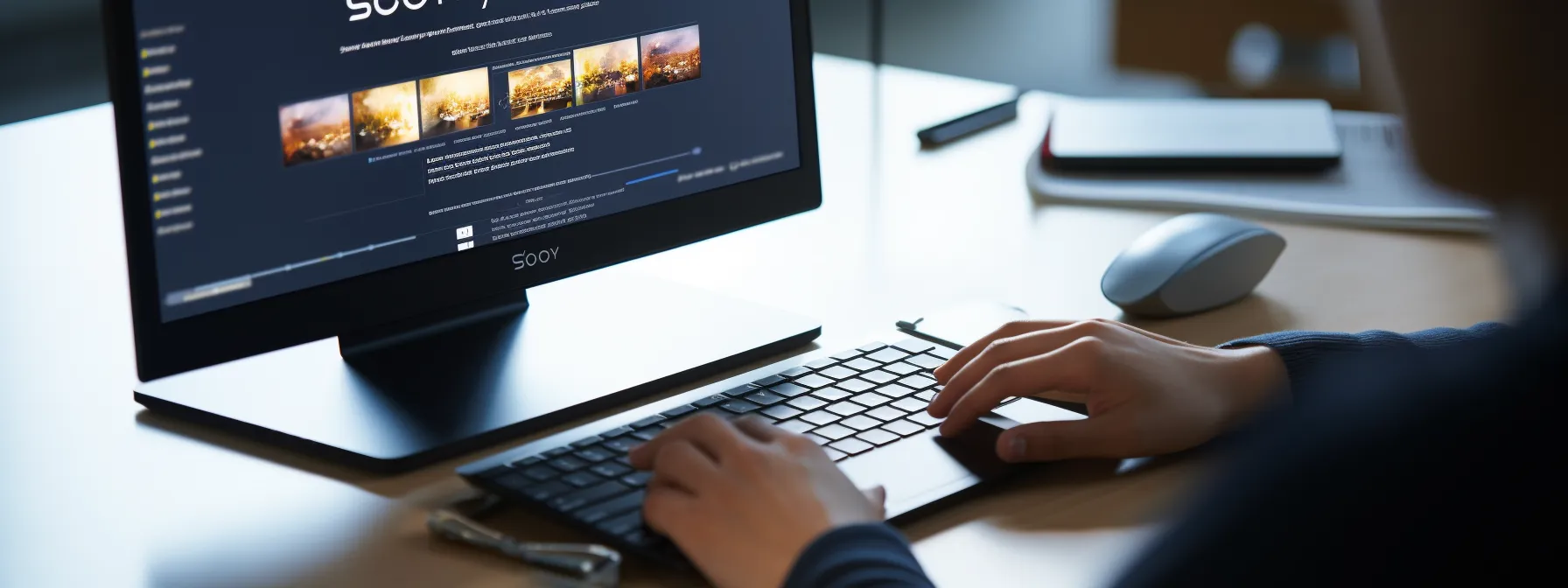 a person typing at a desk with a computer screen showing seotheory's logo and website.