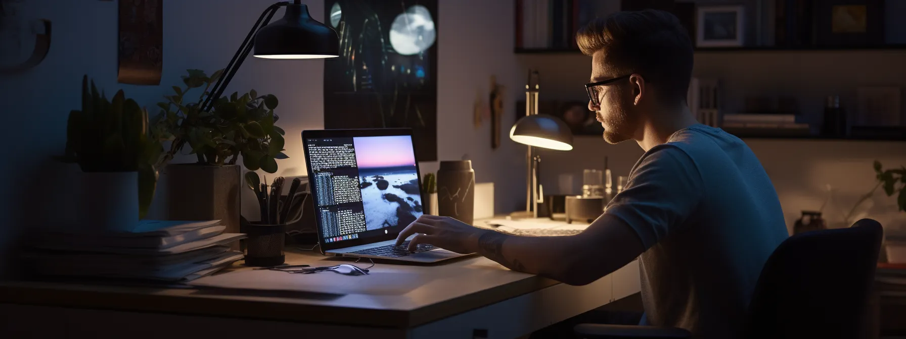 a person sitting at a computer, taking notes and studying technical seo concepts on a screen.