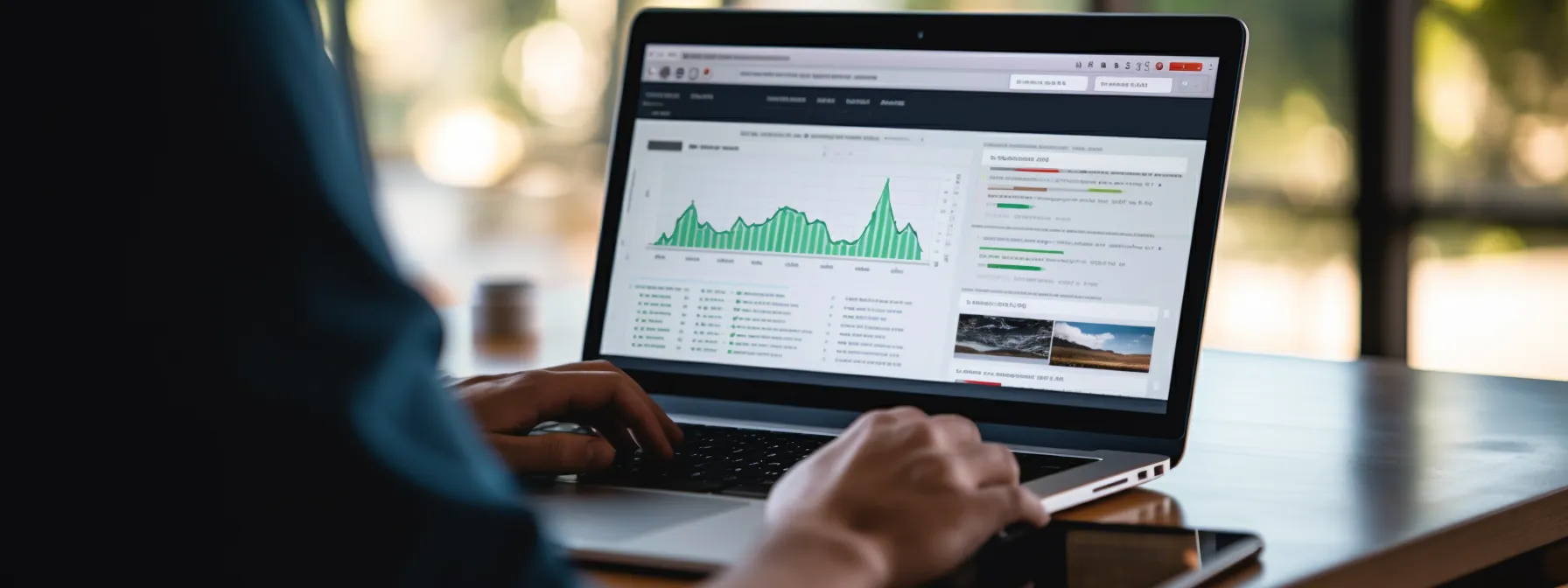 a person typing on a laptop with a screen displaying a website's search engine optimization results and organic traffic spike.