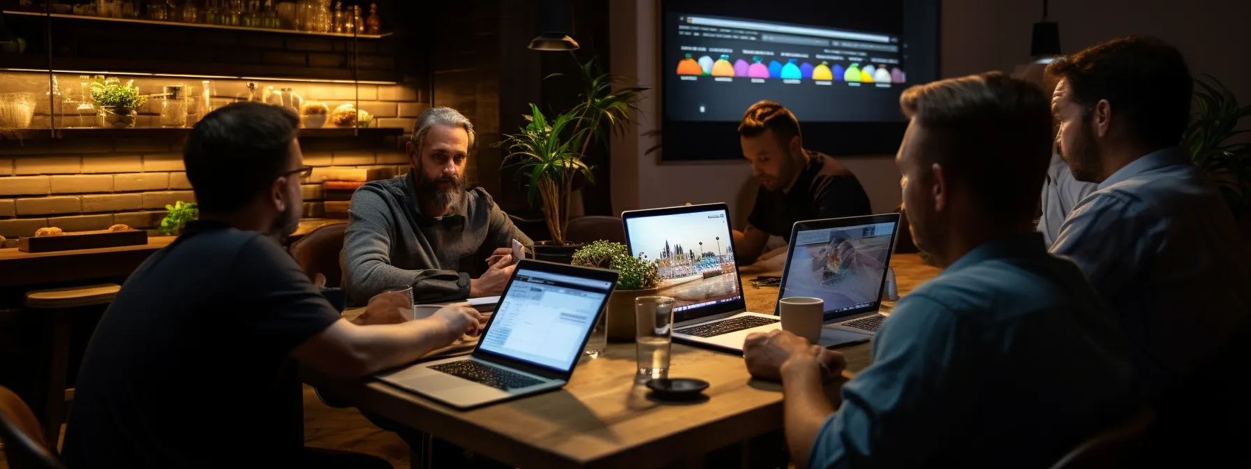 a group of professionals attending an advanced seo course, discussing topics such as semantic seo, backlink profiles, and content quality, and utilizing software tools and ai to boost their website's seo health.