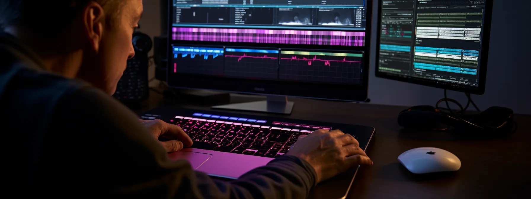 a person using a computer to conduct keyword research and analyze competitor strategies.