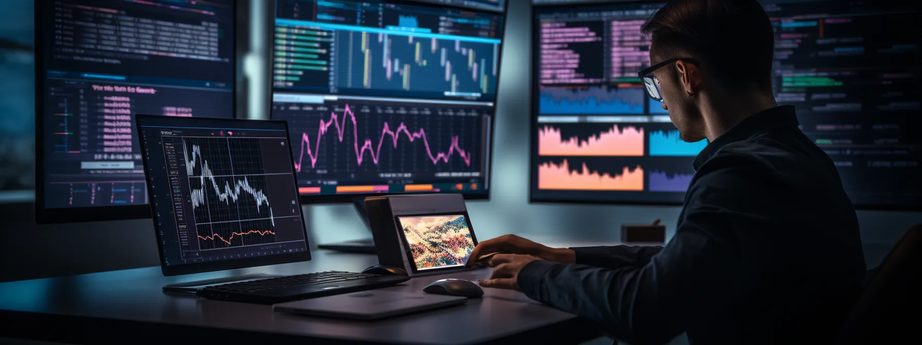 a person sitting at a computer, surrounded by keyword research tools and data, while deep-diving into keyword research for seo strategies.