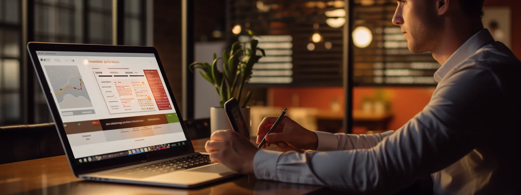 a person sitting at a computer, with a website open on the screen showing seotheory's homepage.