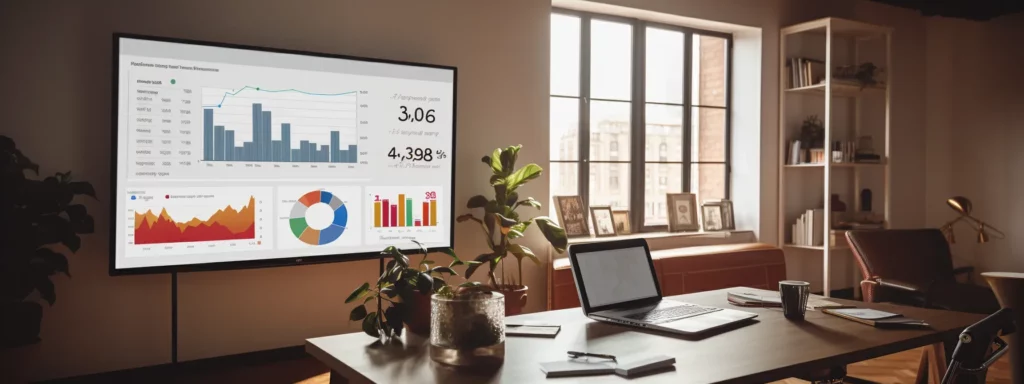 an online classroom with a computer displaying a website's analytics and a progress chart on a whiteboard indicating success.