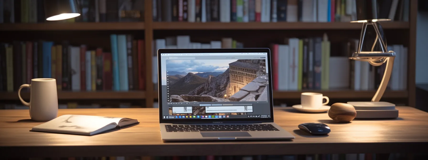 a person sitting at a desk with a laptop, surrounded by books and seo tools.