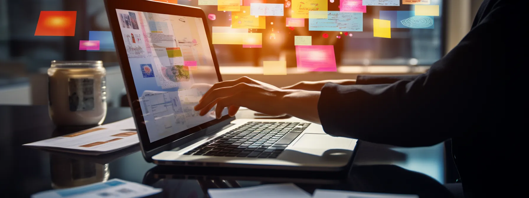 a person typing on a laptop while surrounded by sticky notes and papers with various seo keywords and techniques written on them.