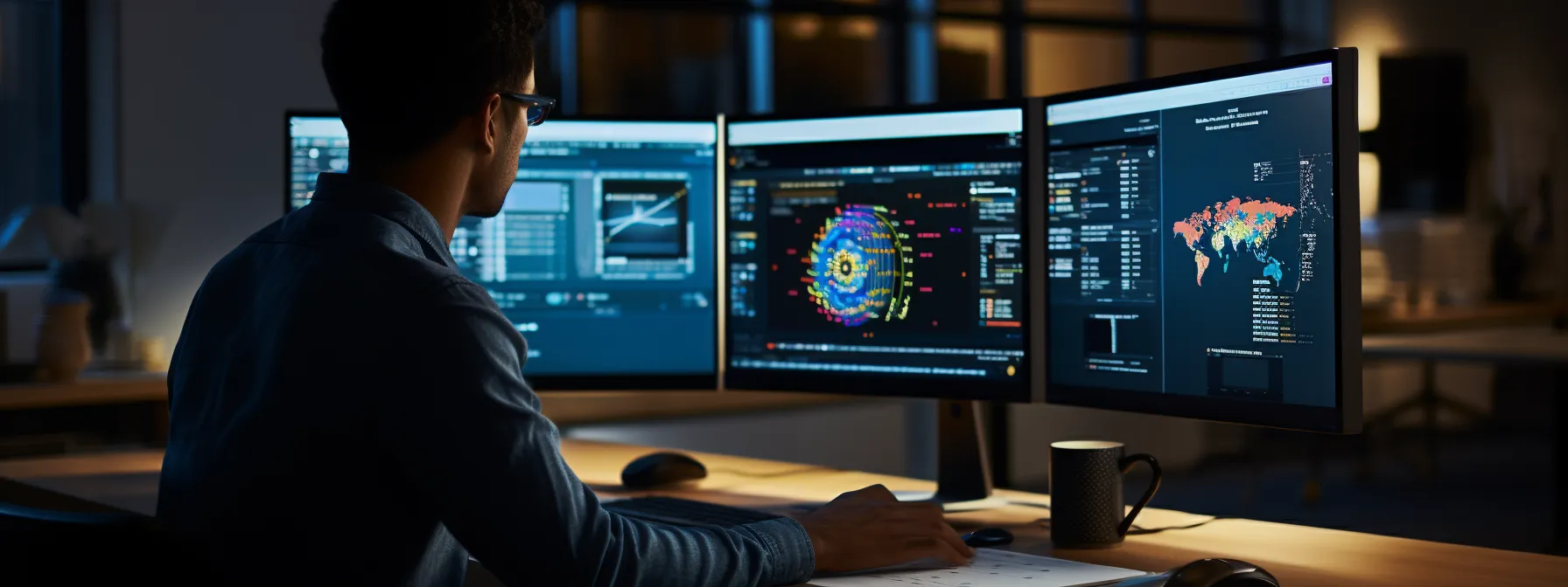 a person sitting at a computer, studying seo theory and analyzing keywords on a search engine.