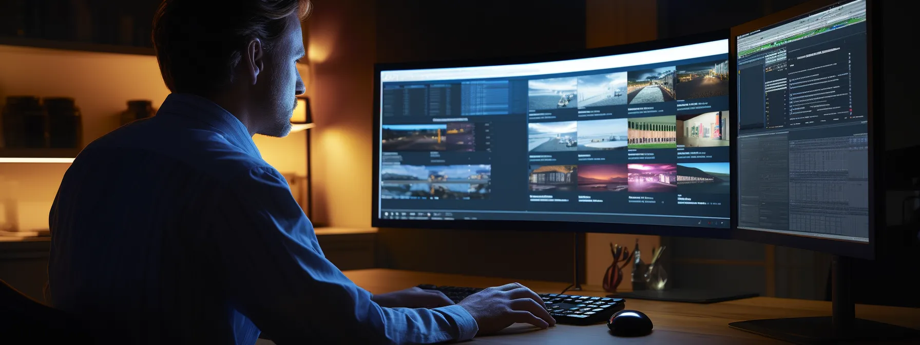 a person sitting at a computer, analyzing keyword data on a screen.
