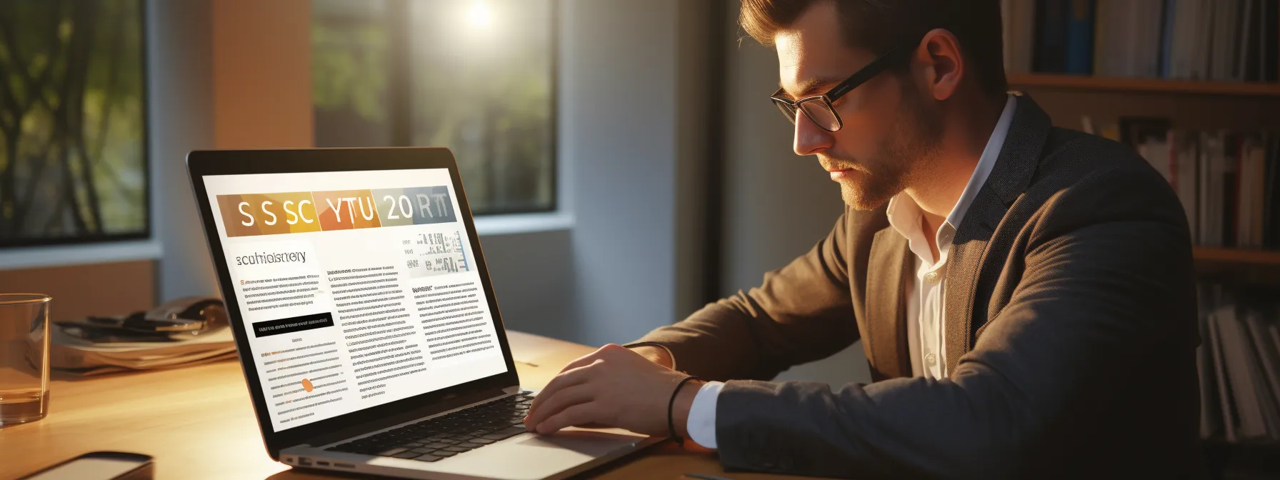 a person studying seotheory's website, surrounded by seo-related resources and tools.