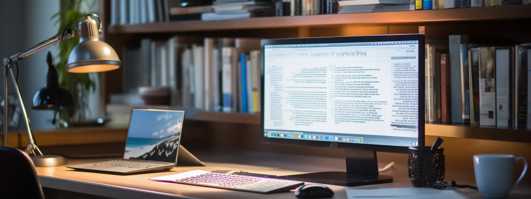 a person studying at a computer with seotheory's website displayed, surrounded by books on seo and notes.