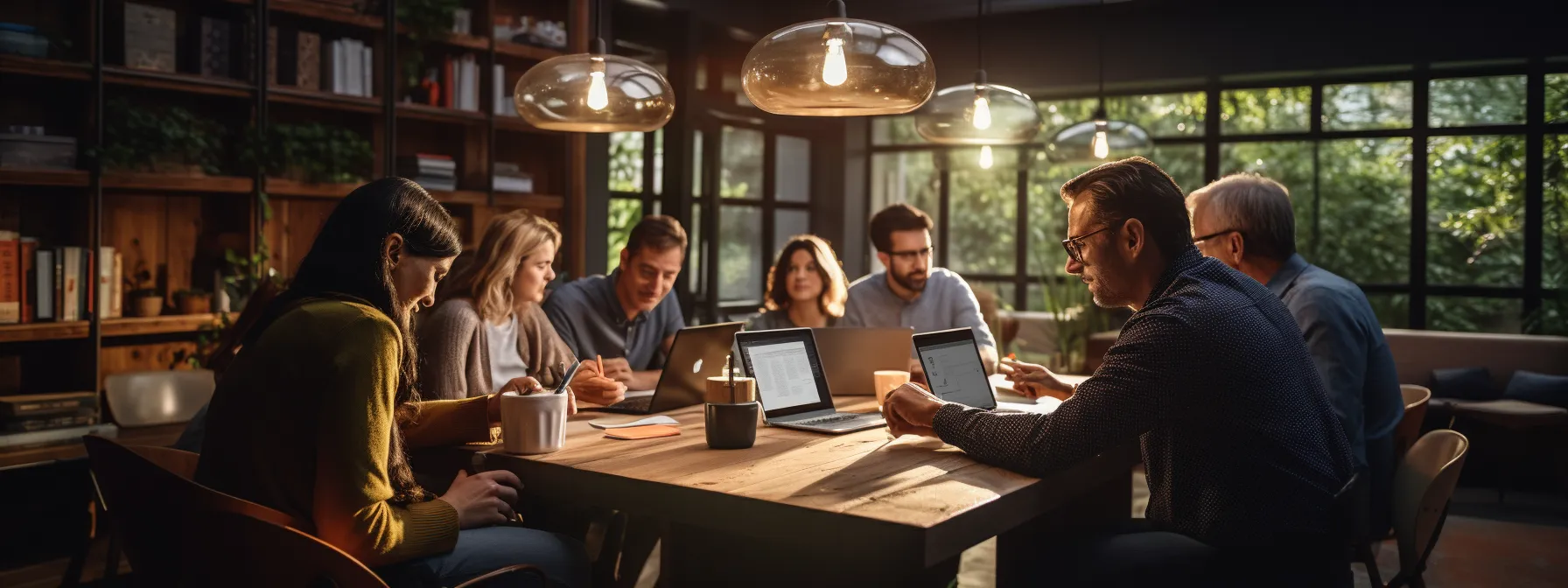 a group of marketers studying seotheory's curriculum and discussing digital strategies.