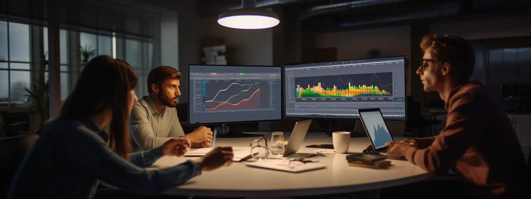 a group of professionals analyzing data and discussing social media strategies for improved online presence.
