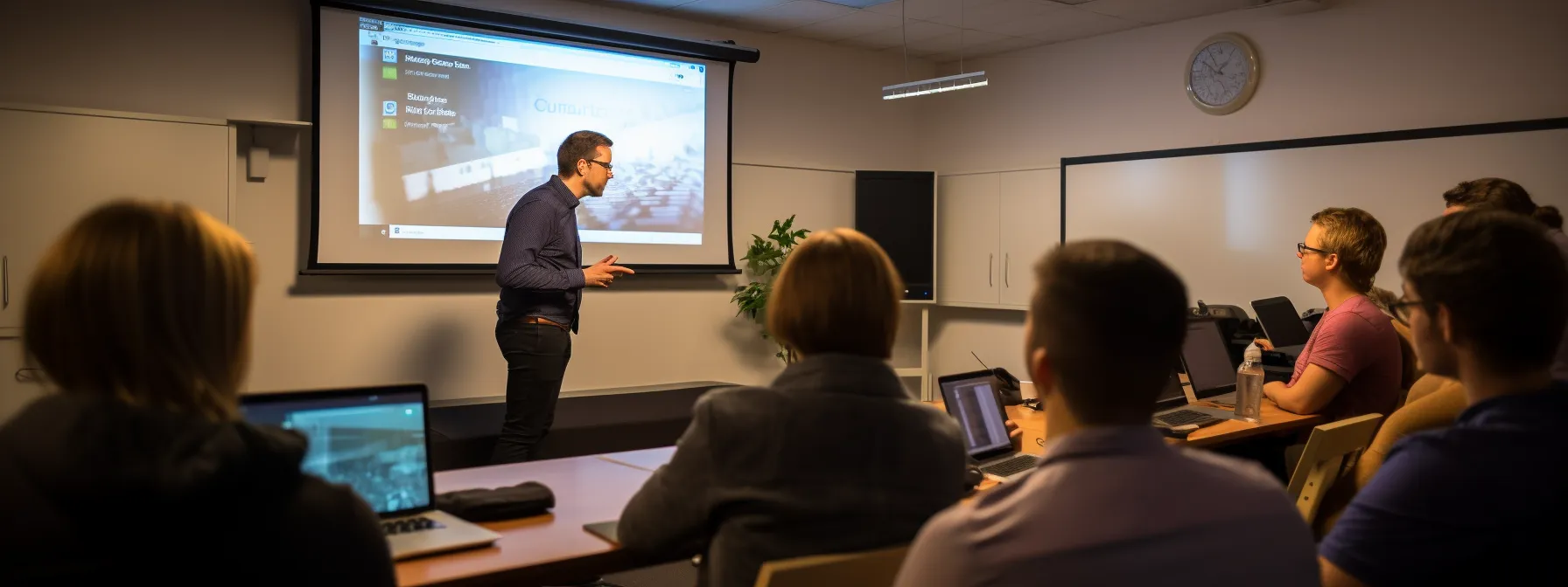 an instructor teaching a class on on-page seo techniques, with a slide showing the importance of incorporating keywords and strategic placement within website content.