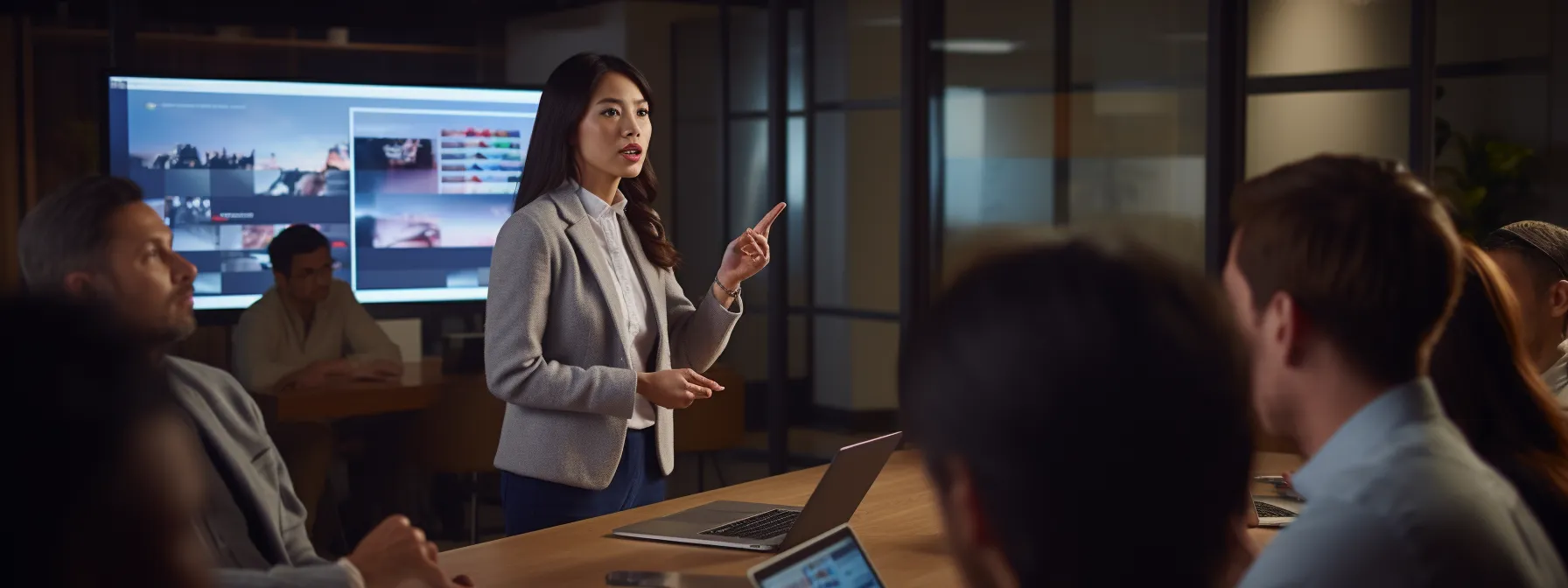 an seo expert explaining keyword optimization strategies to a group of marketers.