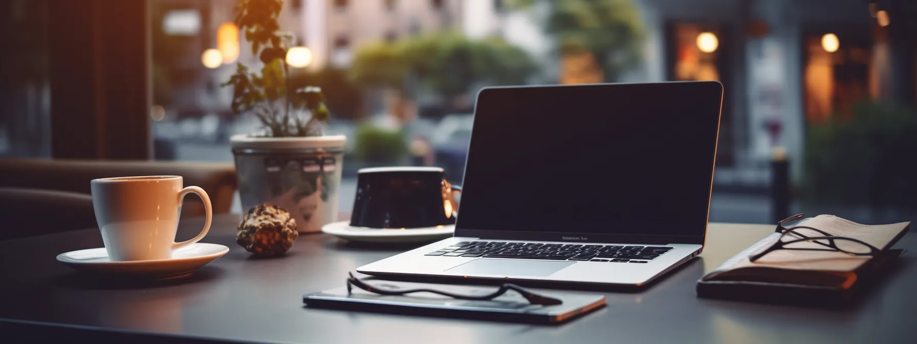 a person writing a blog post with a laptop and a cup of coffee on a table.