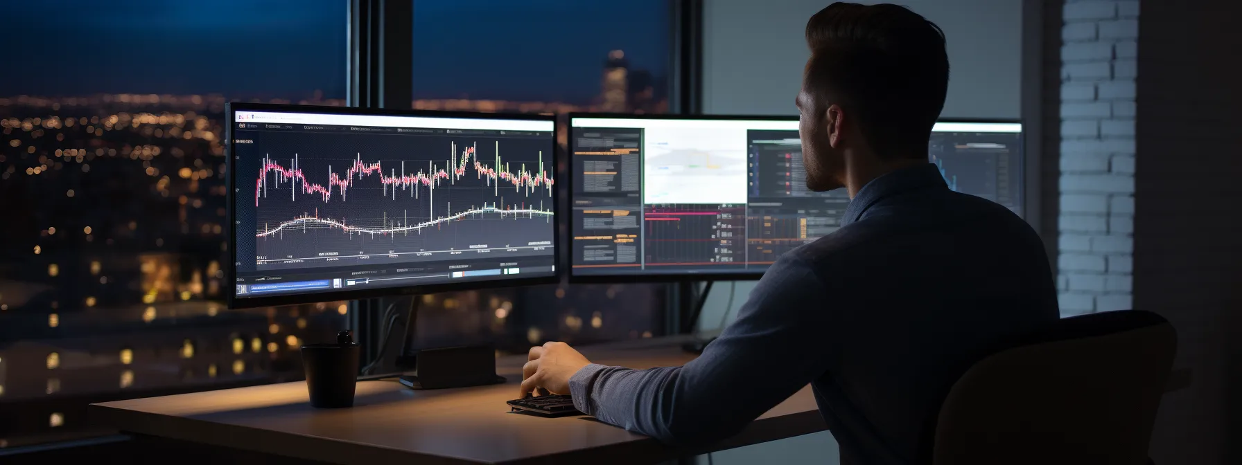 a person sitting at a desk, analyzing data on a computer screen with google analytics open.