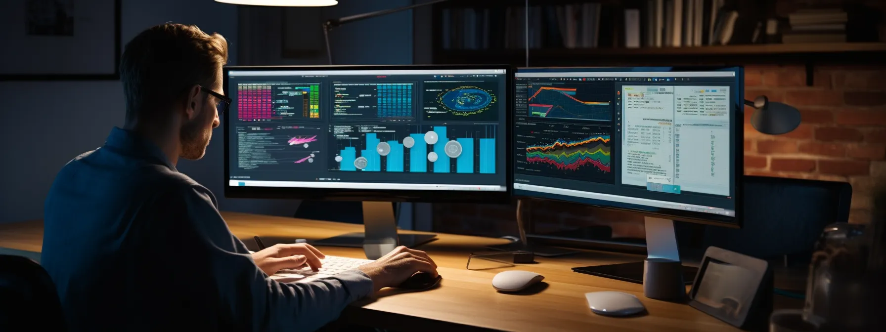 a person sitting at a desk with a computer, surrounded by various google tools and charts, planning and executing an seo strategy.