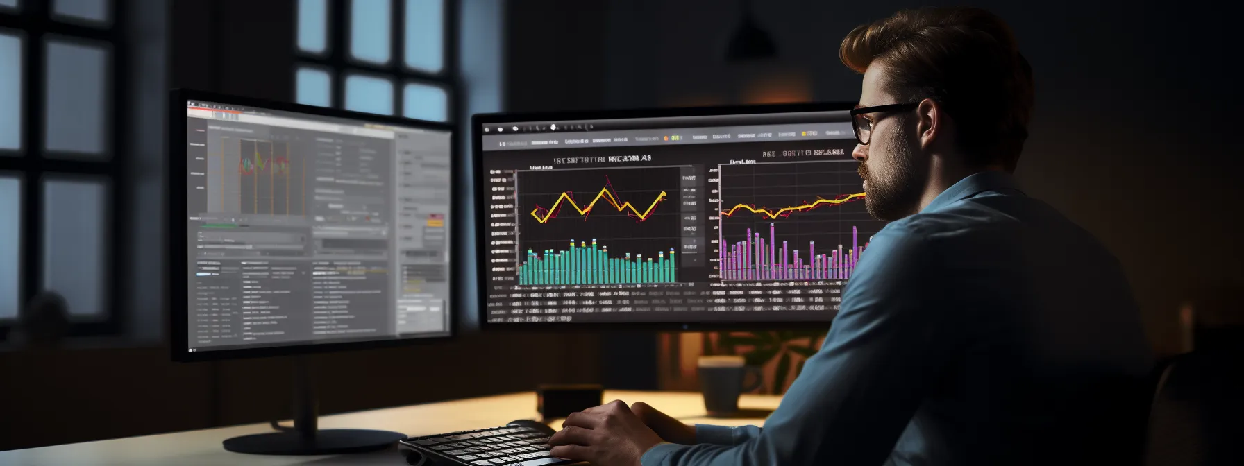 a person analyzing data on a computer screen, focusing on seo performance metrics.