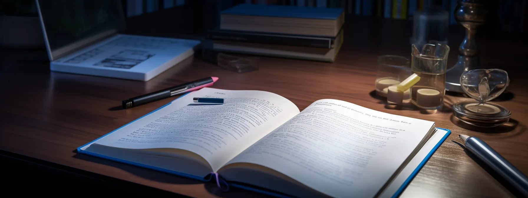 a person sitting at a desk, studying an seotheory book with a notepad and pen.