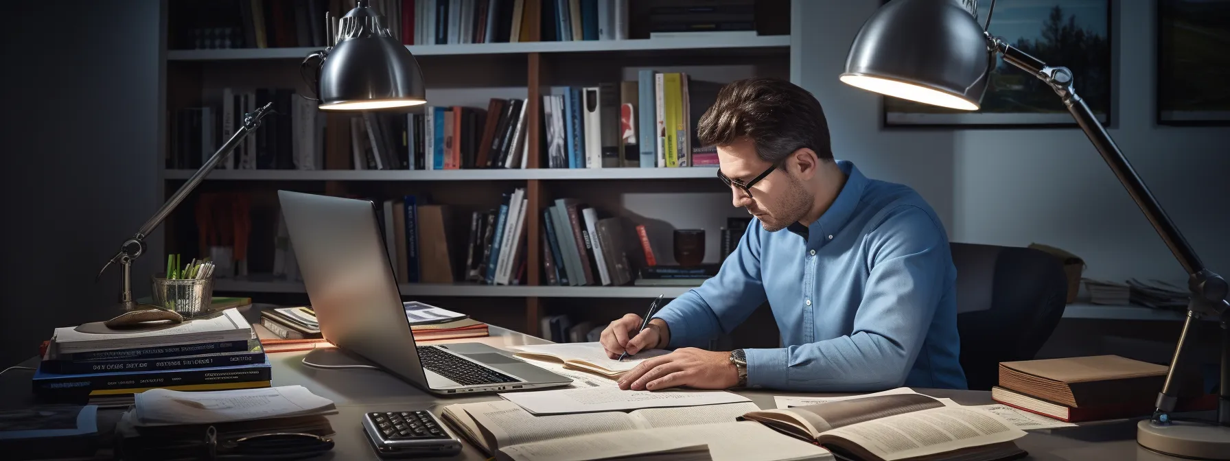 a person sitting at a desk reading a book about seo with various technological devices and tools nearby.